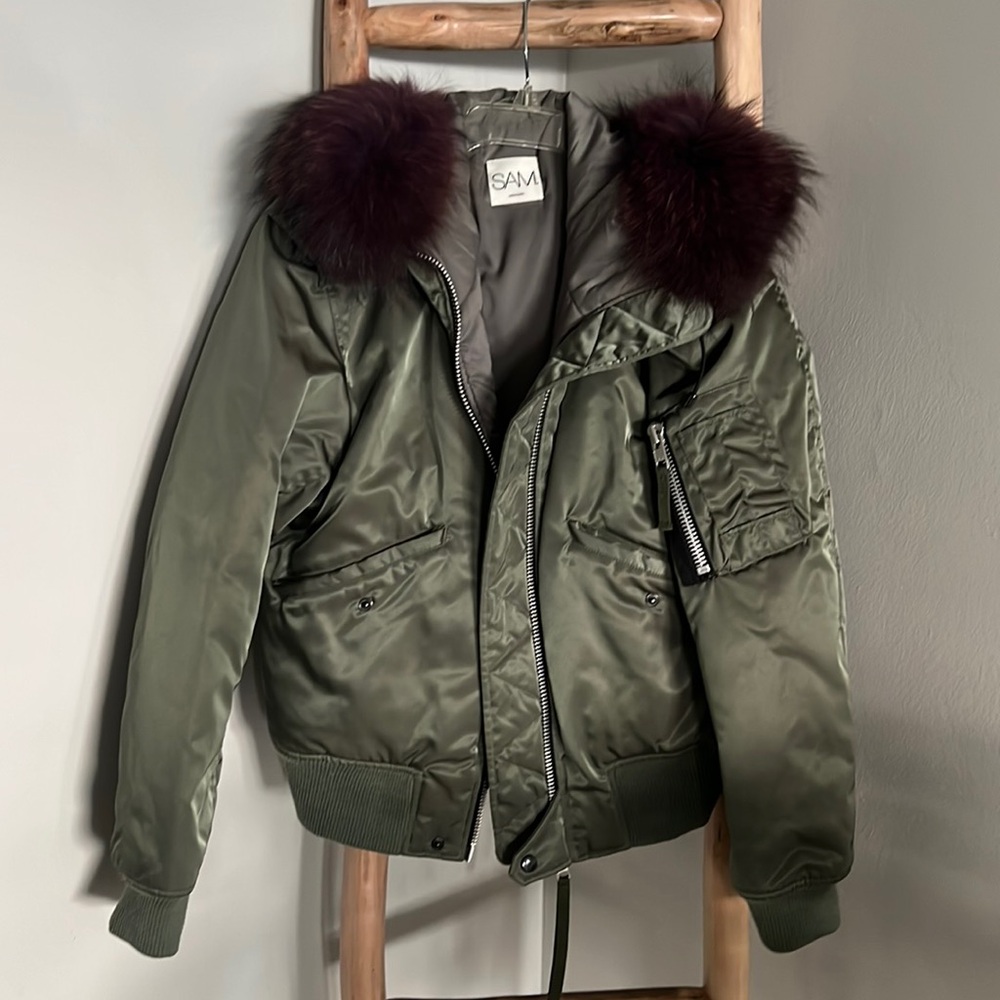SAM. Green Bomber Jacket with Burgundy Fur-lined Hood